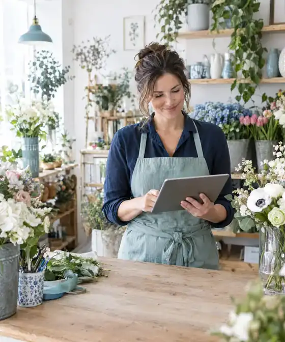 Eigenaar van een bloemenzaak bekijkt het overzicht op een tablet
